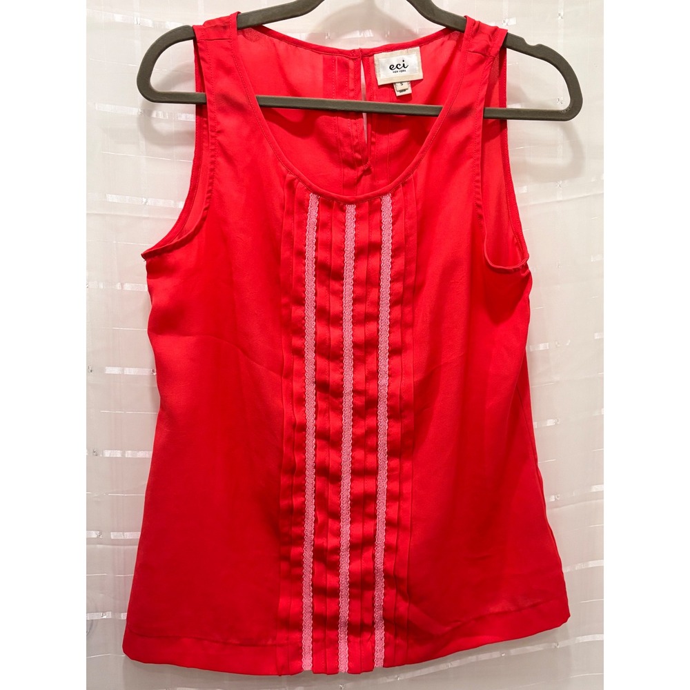 ECI New York Red Sleeveless Pintuck Lace Trim Blouse Top Small